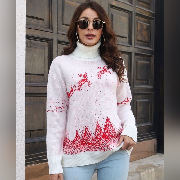 Knit Turtleneck Santa Reindeer Classy Winter Christmas Scene Chic Sweater Top - Picture 7 of 9
